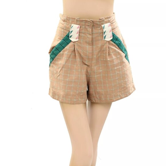 Sezane Pants - Sezane Plaid & Check Embroidered Shorts Pull-On High Waisted Cotton S-36 273572